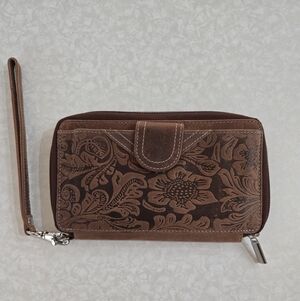 Genuine Leather Brown Floral Women's Wristlet